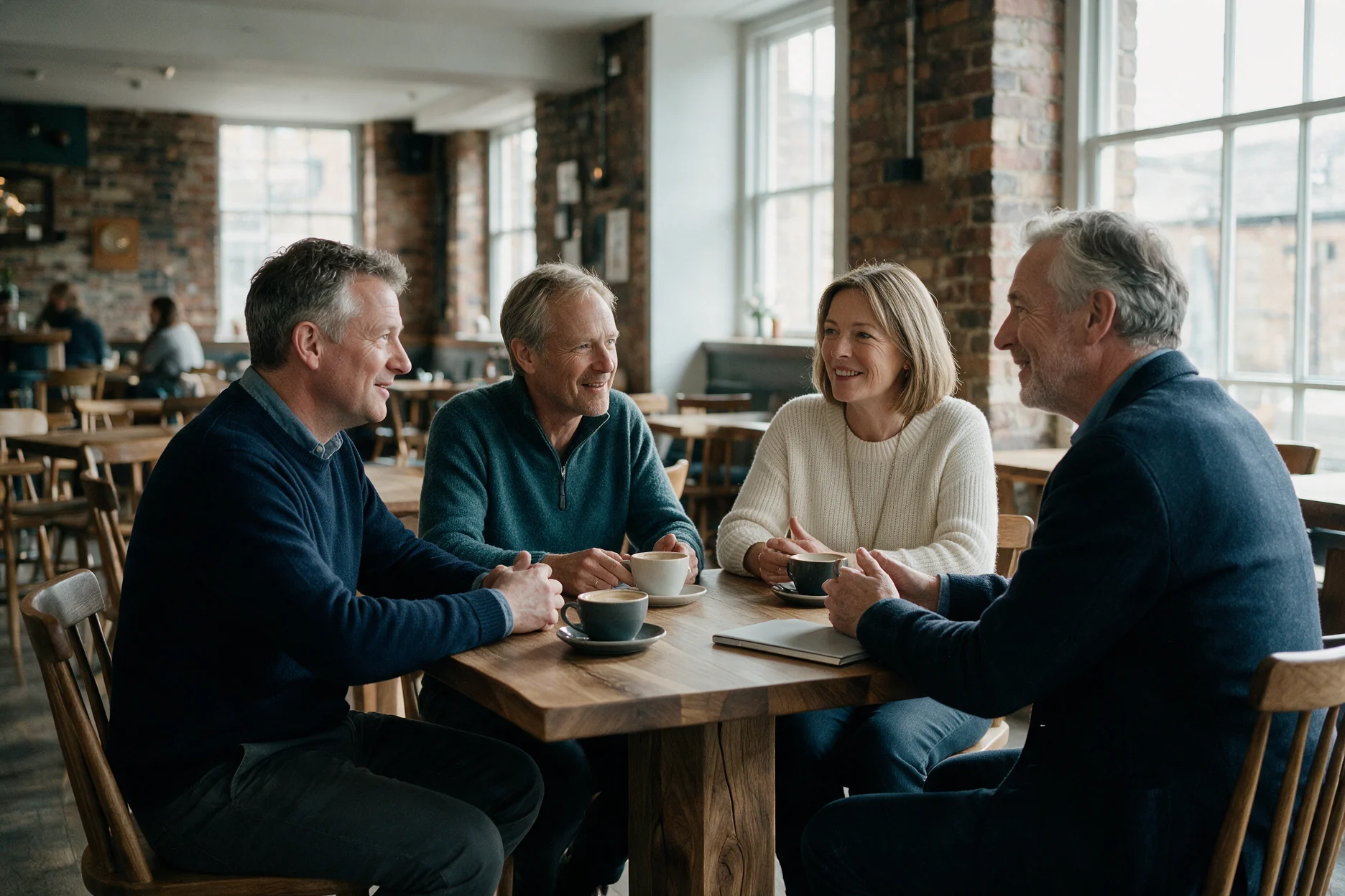 Four business owners sharing ideas around a café table
