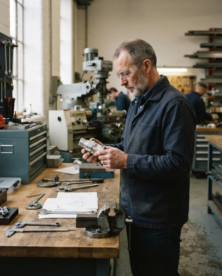 An engineer inspecting a component in his workshop