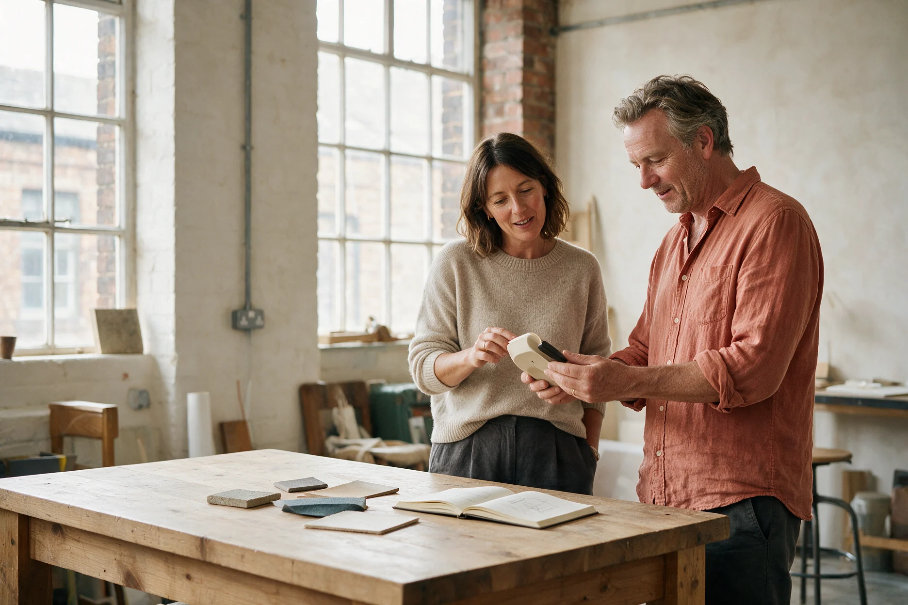 Two business owners reviewing a prototype at their work table