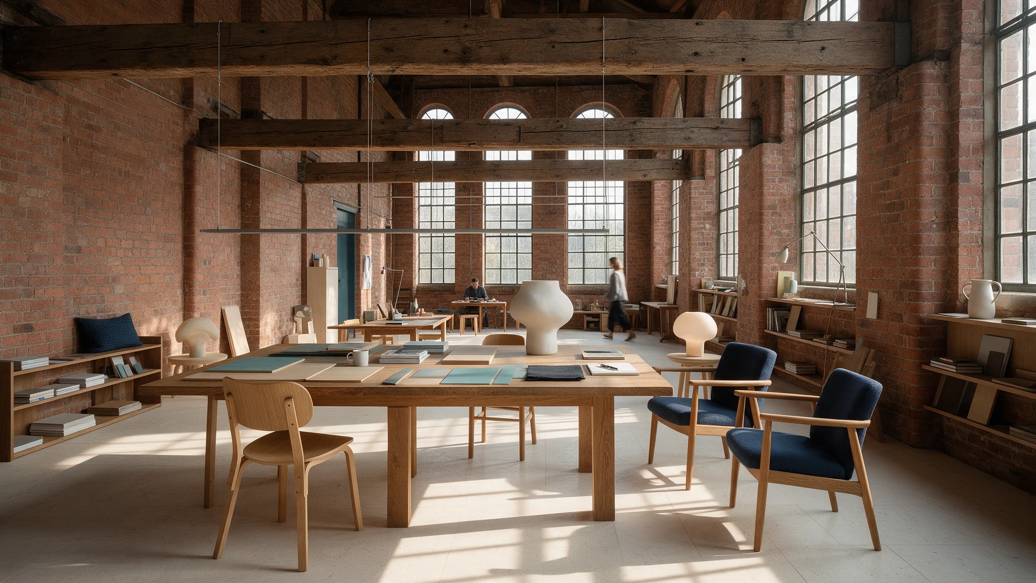 Daylight falling across a working studio in a converted brick mill